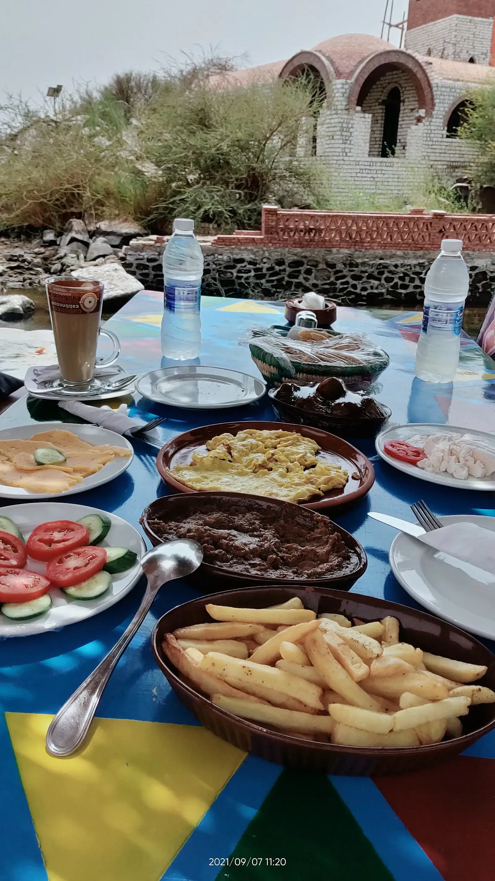 Food and a painted Nubian guesthouse terrace in Gharb Soheil near Aswan