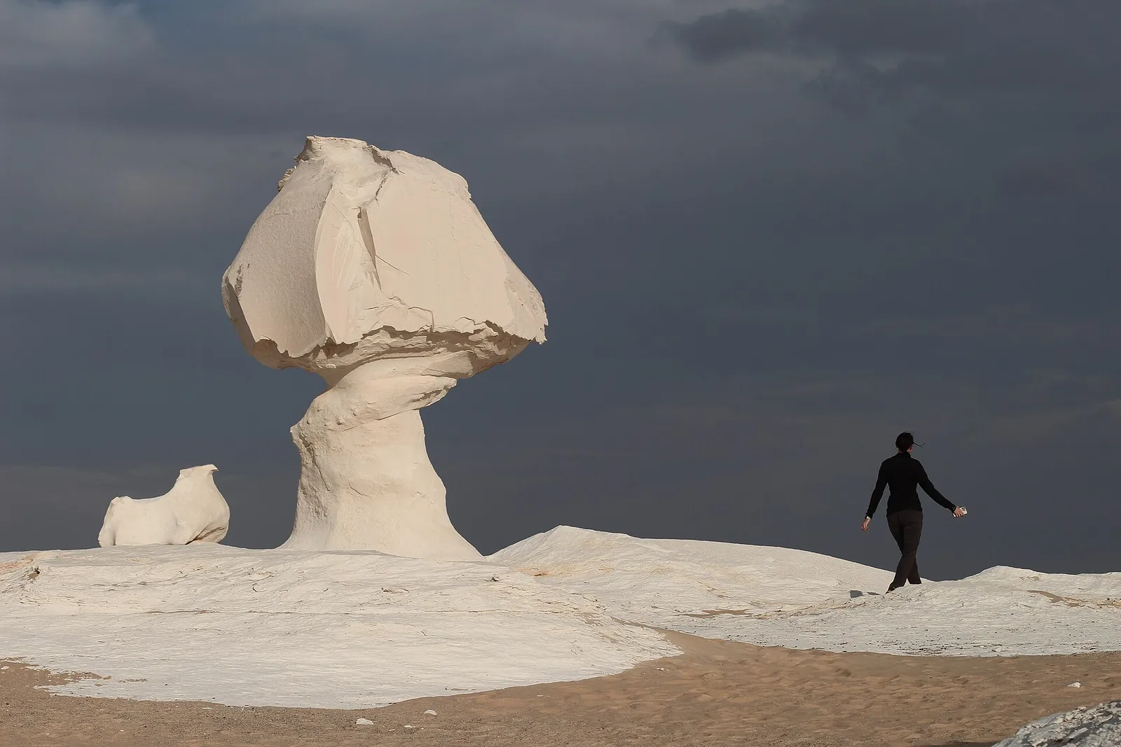Wind-carved white chalk mushroom formation in the White Desert National Park near Farafra, Egypt