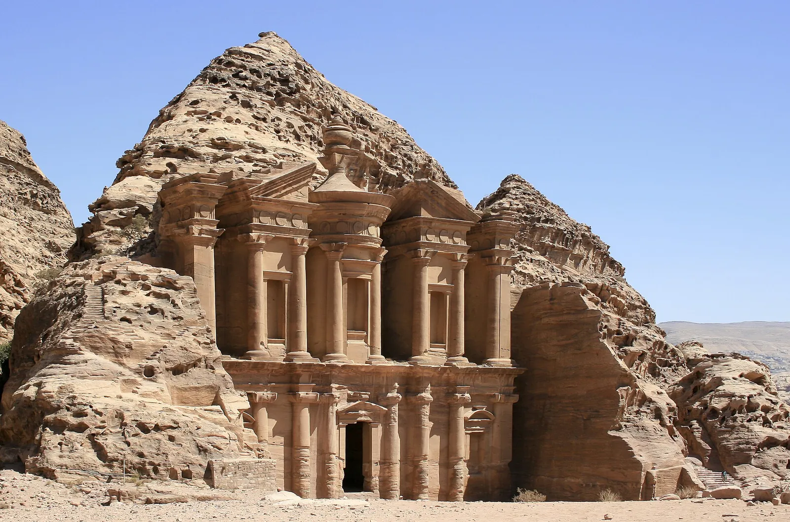 The large rock-cut facade of Ad Deir, the Monastery, at Petra, Jordan