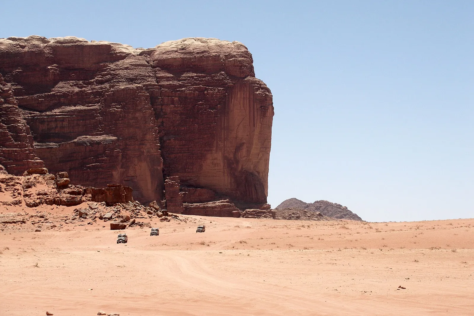 Red sand and sandstone jebels in the Wadi Rum desert, Jordan