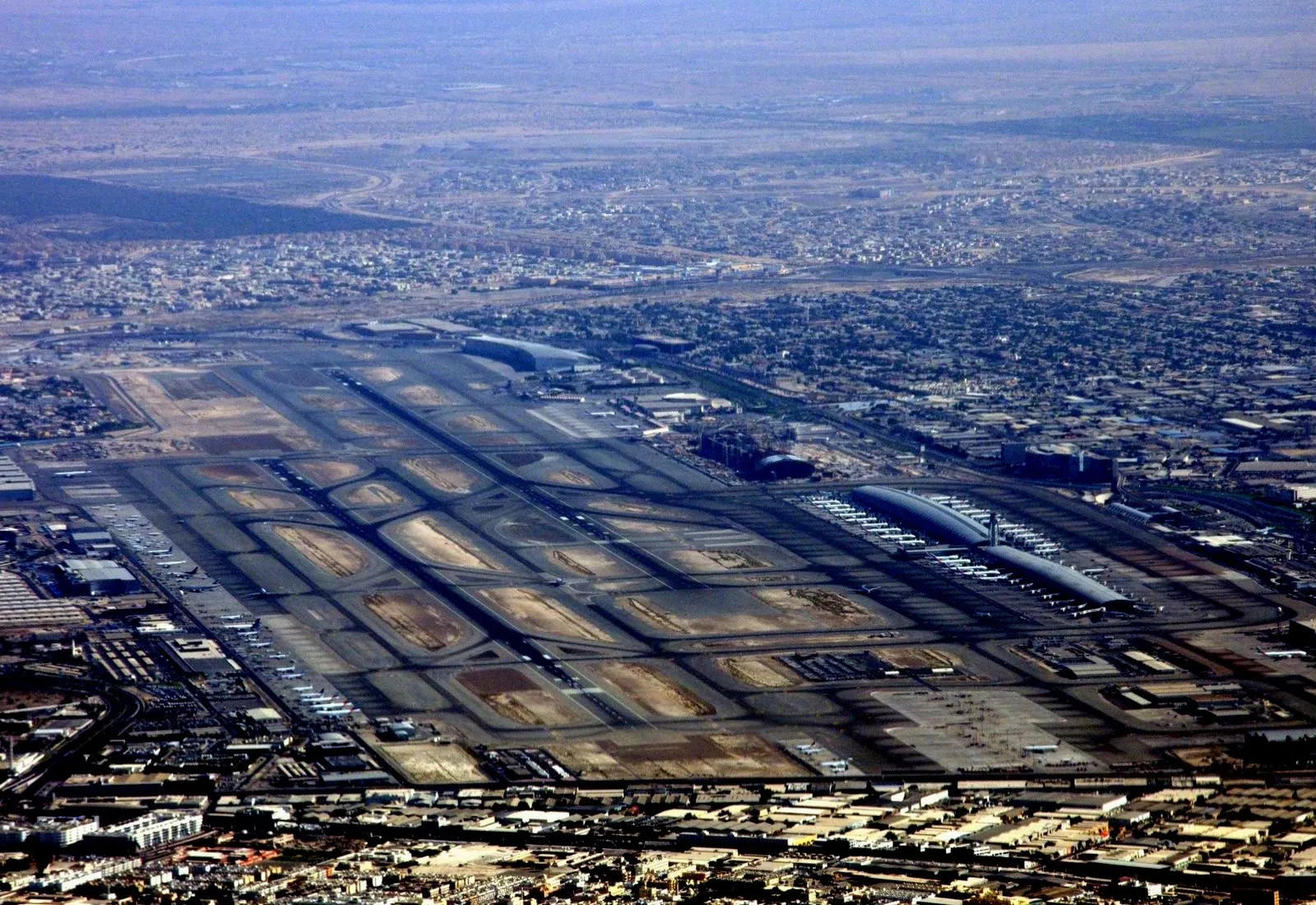 Aerial view of Dubai International Airport shortly after take-off