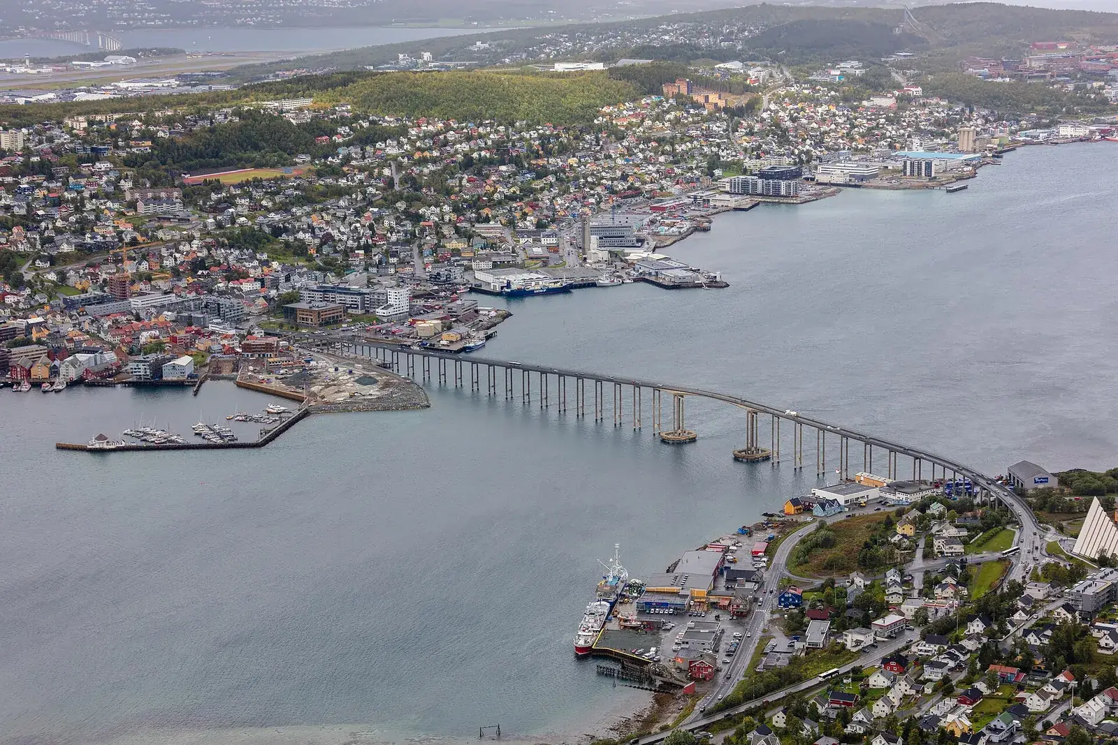 Tromsø and the Tromsø Bridge seen from the Storsteinen viewpoint at the top of the Fjellheisen cable car