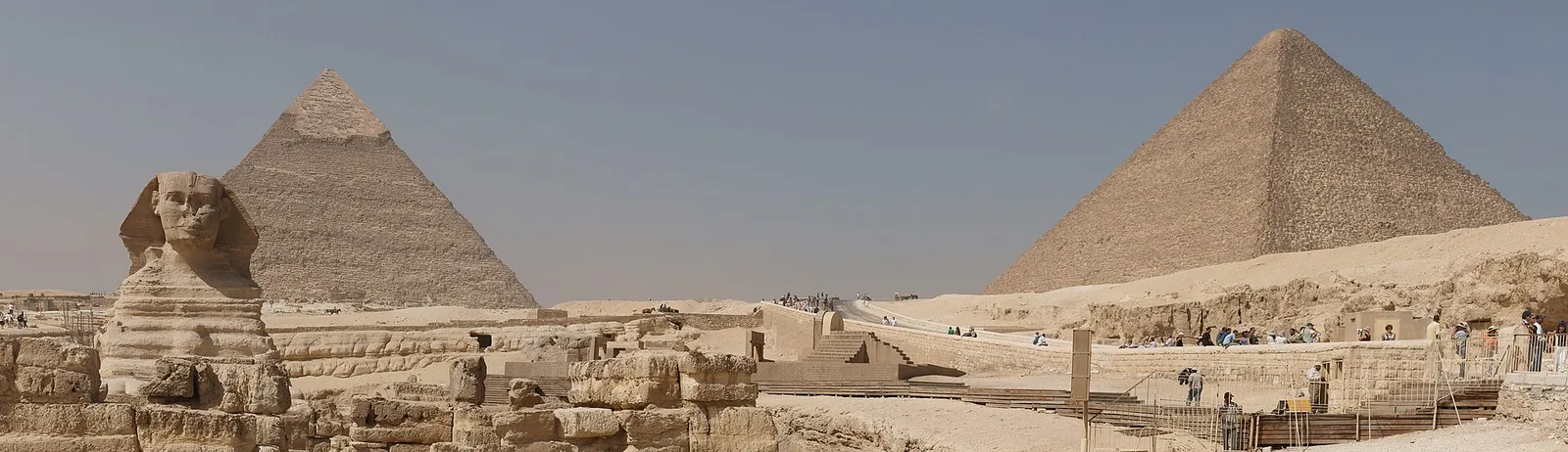 The Great Sphinx with the Pyramid of Khafre behind it on the Giza Plateau near Cairo, Egypt