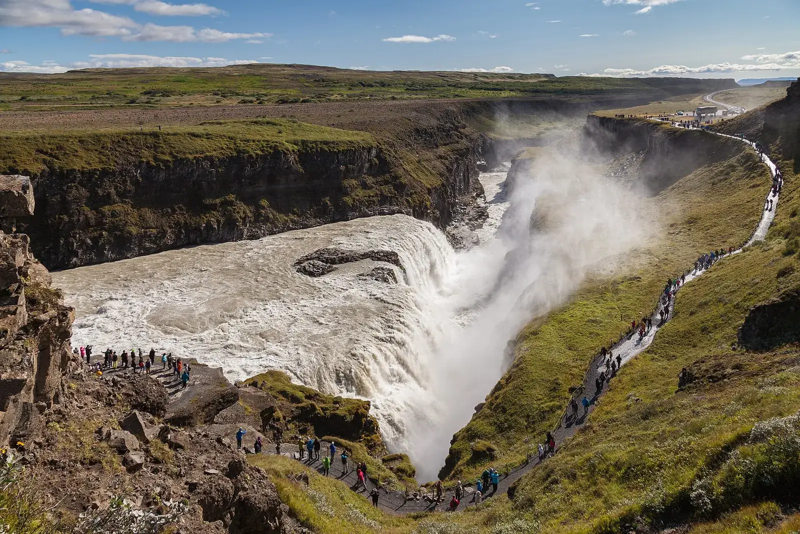 Gullfoss waterfall dropping in two tiers into a canyon on Iceland's Golden Circle