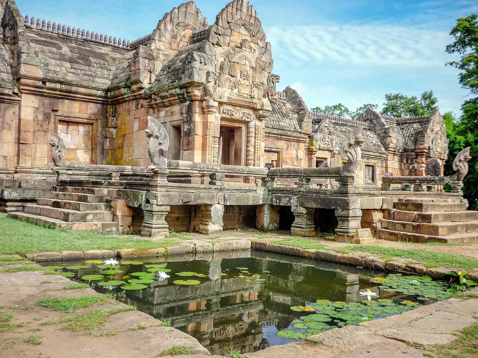 The Khmer sanctuary of Prasat Muang Tam with its naga-lined lotus pond, Buriram, Isan